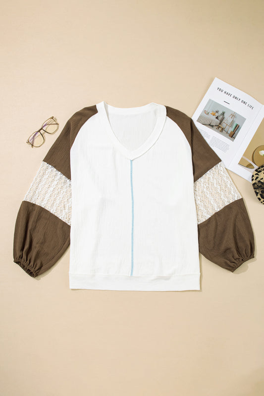 Green Colorblock Lace Patchwork Balloon Sleeve V Neck Plus Size Blouse