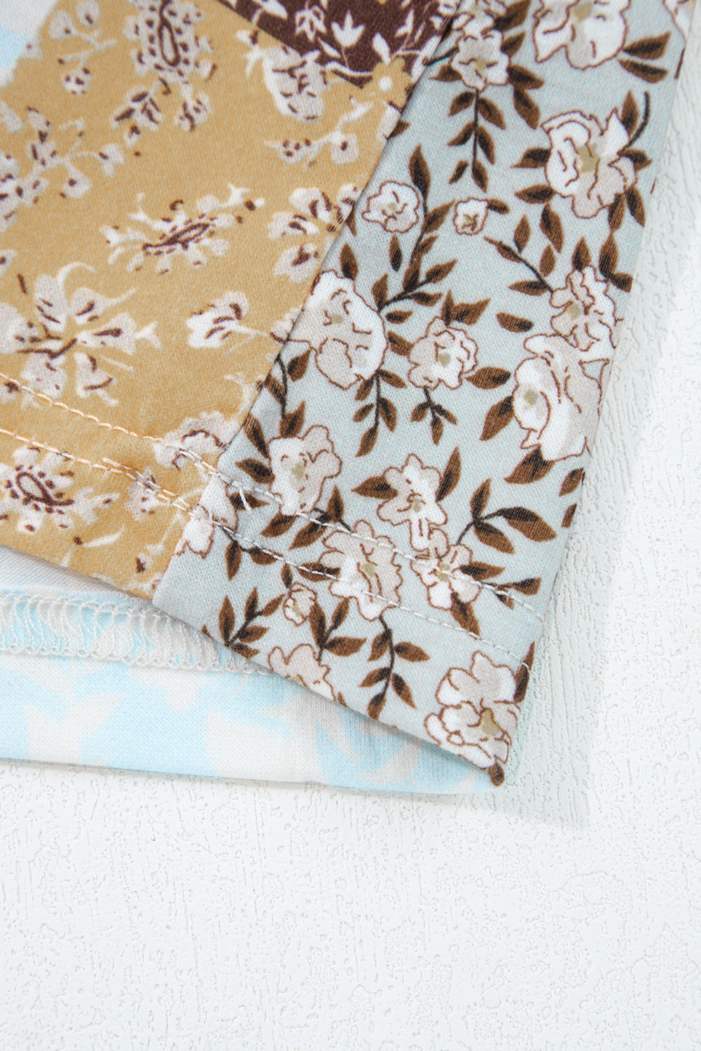 White Floral Printed Contrast Patchwork Long Sleeve Top