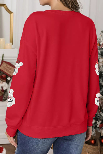 Red Sequin Santa Clause Patched Christmas Pullover Sweatshirt