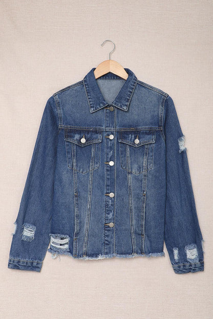 Blank Apparel - Blue Lapel Distressed Raw Hem Buttons Denim Jacket - L & M Kee, LLC