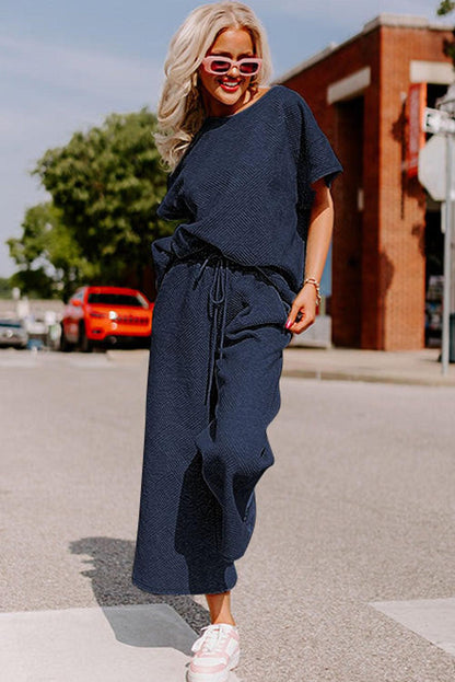 Navy Blue Textured Loose Fit T Shirt and Drawstring Pants Set - L & M Kee, LLC