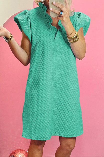 Sea Green Textured Puff Sleeve Ruffled V Neck Shift Mini Dress - L & M Kee, LLC