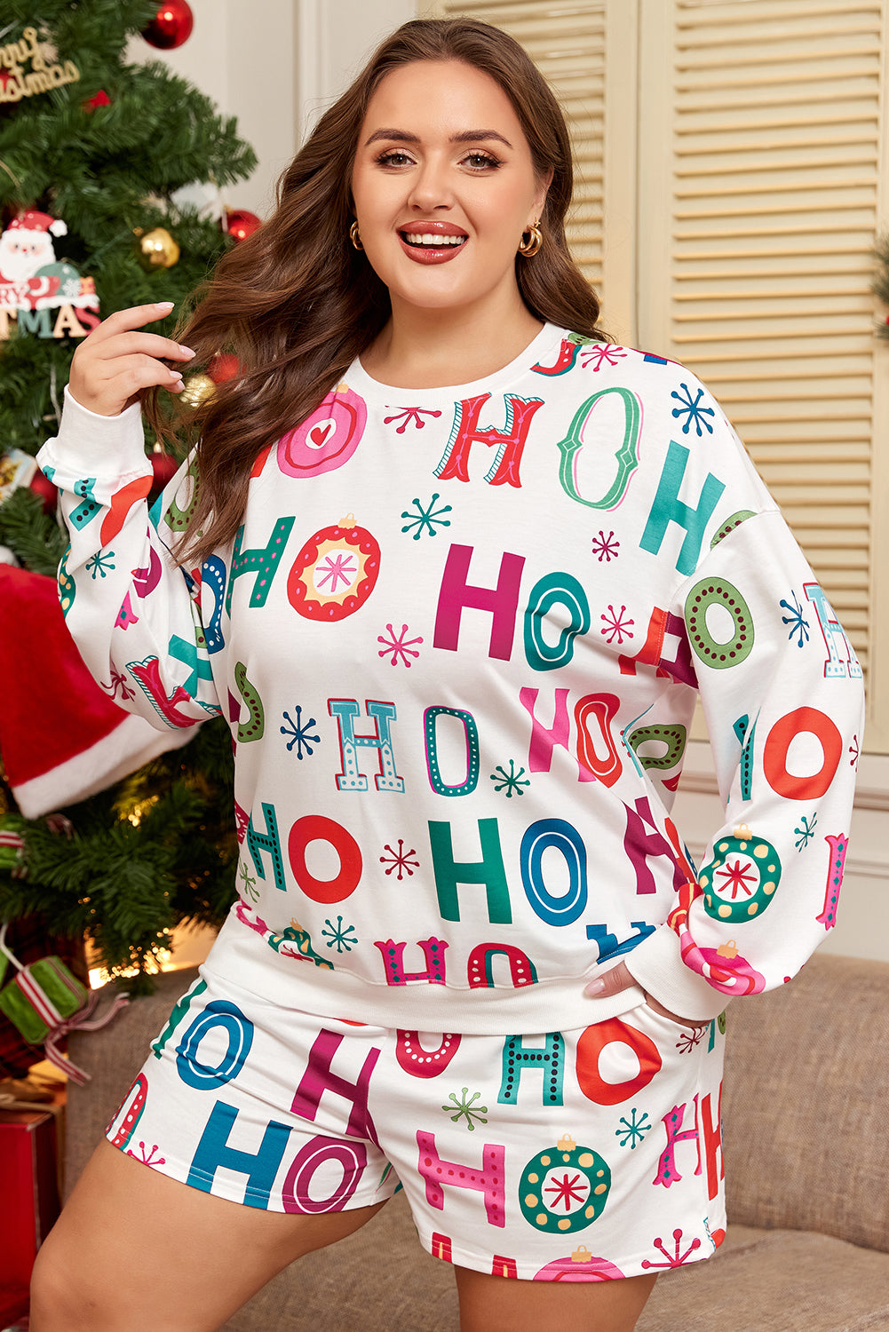 White Plus Size Christmas Ho Ho Ho Print Long Sleeve Top and Shorts 2pc Lounge Set