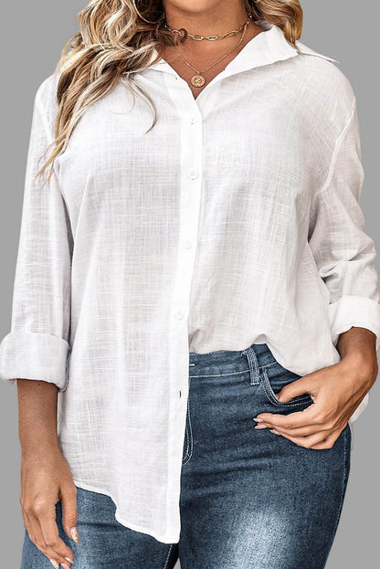 White Plus Size Linen Textured Button Up Shirt - L & M Kee, LLC