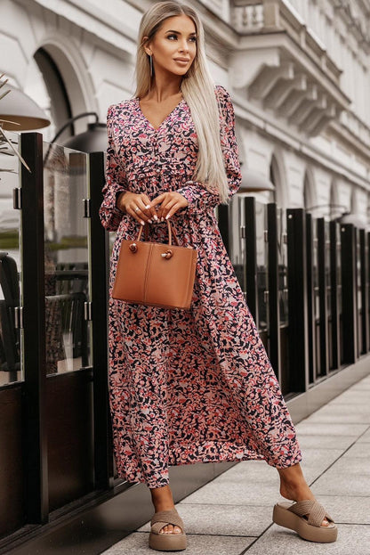 Multicolor Boho Floral Print Buttons Deep V Neck Maxi Dress - L & M Kee, LLC