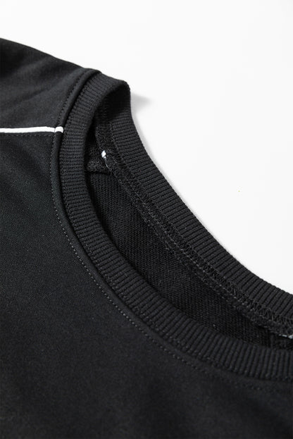 Black Contrast Piping Crewneck Pullover Mini Skirt Set