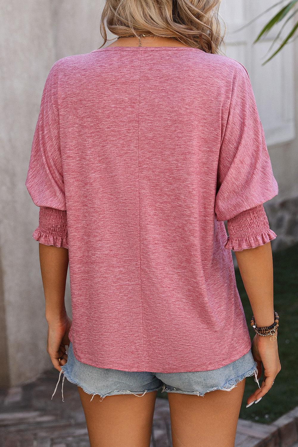 Rose Tan Smocked Puff Sleeve Notched Neck T Shirt - L & M Kee, LLC