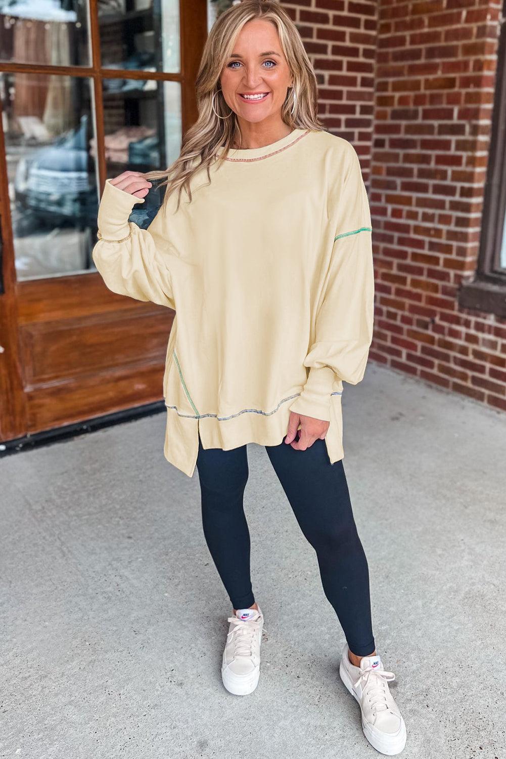 Contrast Stitching Split Baggy Sweatshirt - L & M Kee, LLC