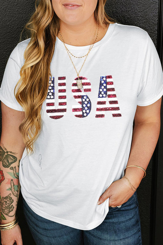White Sequin American Flag USA Graphic Plus Size T Shirt - L & M Kee, LLC