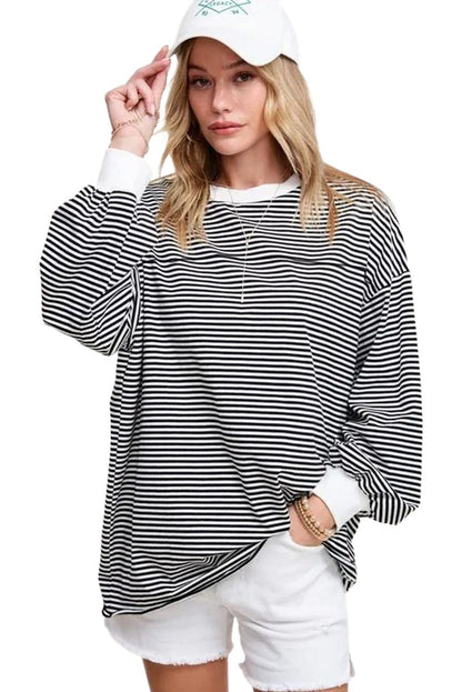 Striped Print Drop Shoulder Loose Sweatshirt - L & M Kee, LLC