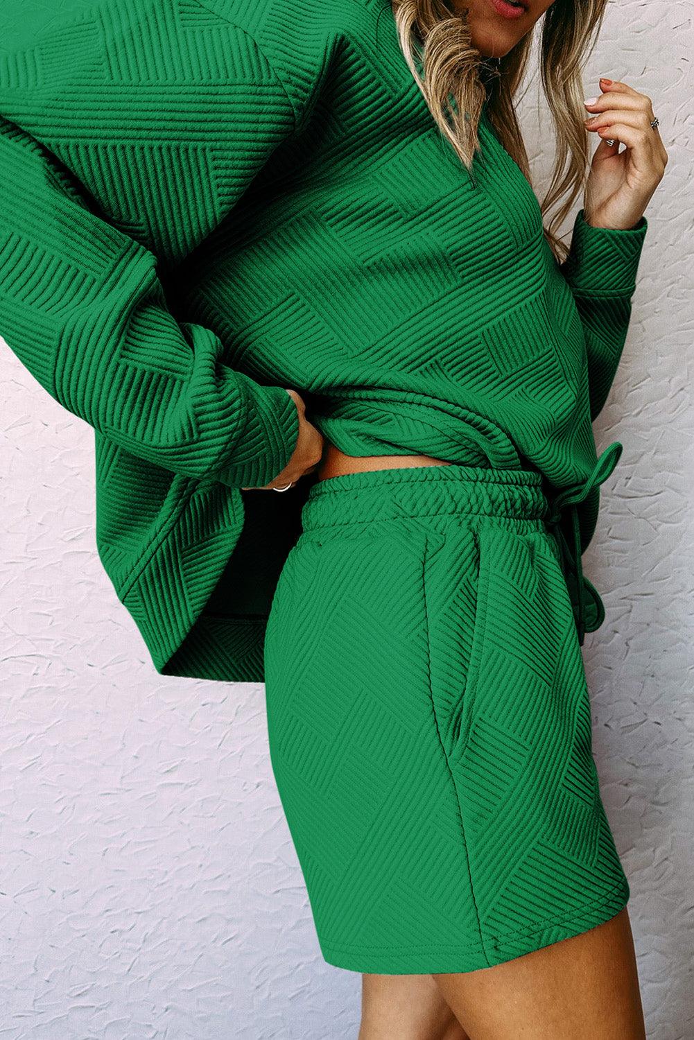 Green Textured Long Sleeve Top and Drawstring Shorts Set - L & M Kee, LLC