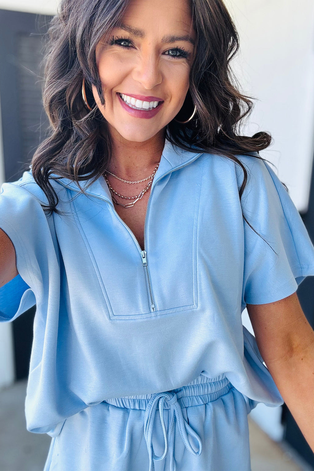 Beau Blue Solid Color Half Zip Loose Short Sleeve Sweatshirt 2pcs Set