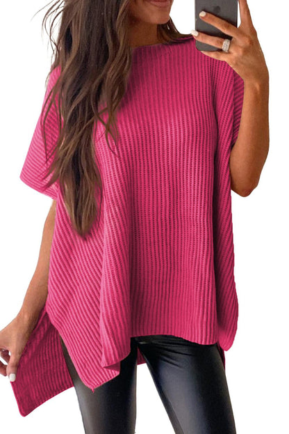 Rose Red Short Sleeve Side Slit Oversized Sweater - L & M Kee, LLC