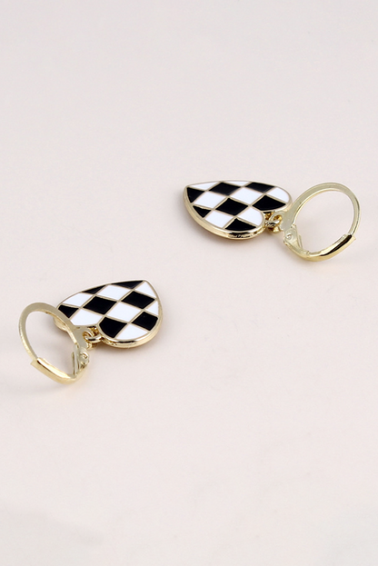 Black Checkered Heart Shape Hoop Dangle Earrings