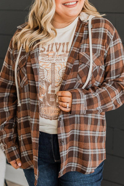 Brown Plus Size Plaid Contrast Button up Hooded Jacket - L & M Kee, LLC