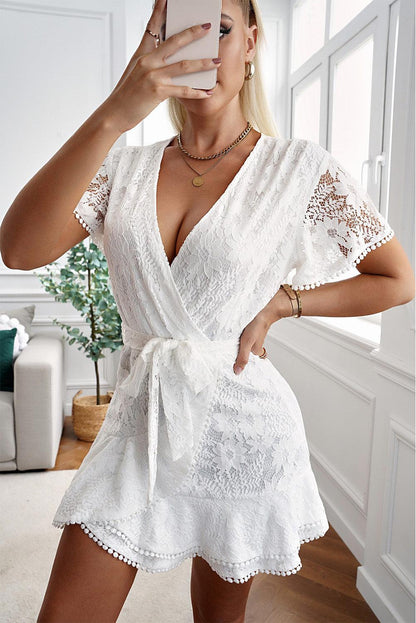 White Flutter Sleeve Wrap V Neck Floral Lace Short Dress - L & M Kee, LLC