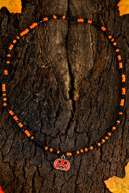 Orange Pumpkin Face Pendant Rice Beaded Halloween Necklace