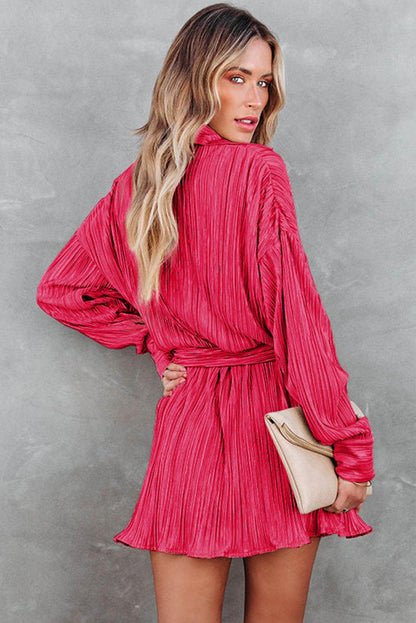 Rose Pleated Buckle Belt Drop Shoulder Shirt Mini Dress - L & M Kee, LLC