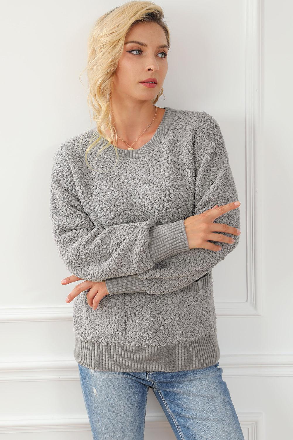 Gray Double Pockets Ribbed Trim Popcorn Knit Sweater - L & M Kee, LLC