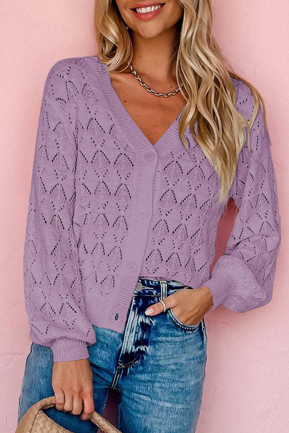 Purple Lightweight Buttoned Front Crochet Cardigan - L & M Kee, LLC