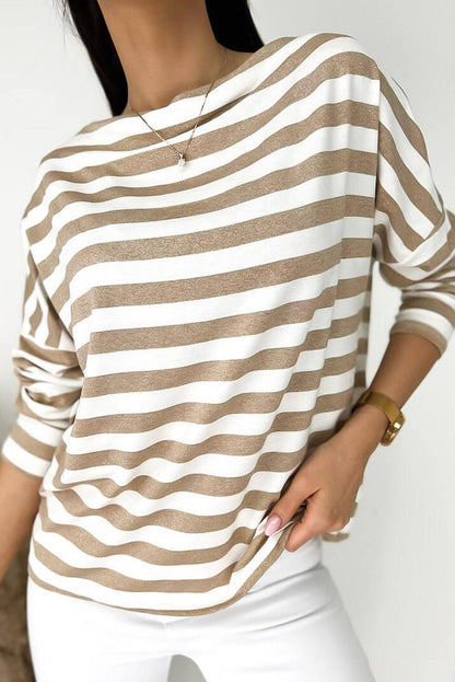 Khaki Striped Boat Neck Long Sleeve Top - L & M Kee, LLC