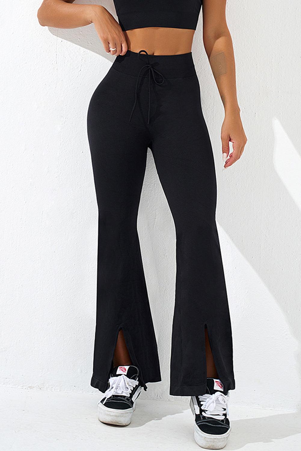 Black Drawstring High Waist Split Yoga Flared Leggings - L & M Kee, LLC