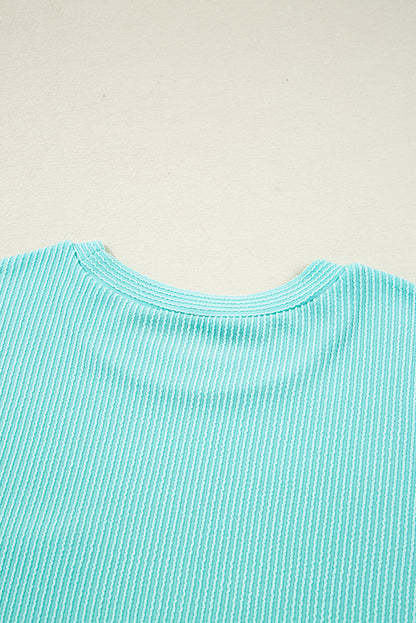 Iceland Blue 3D Ribbed Texture Contrast Patched Pocket Long Sleeve Top