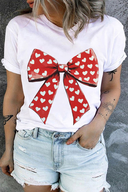 White Heart Bow Graphic Crew Neck Plus Size Valentines T Shirt