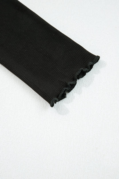 Black Ribbed Knit Lettuce Trim High Neck Long Sleeve Top