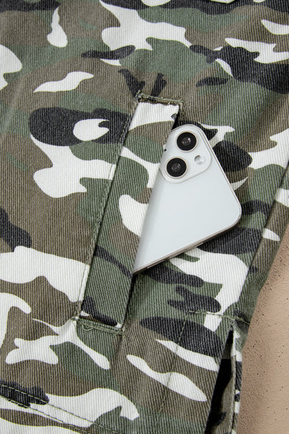 Green Camo Chest Pockets Loose Jean Jacket