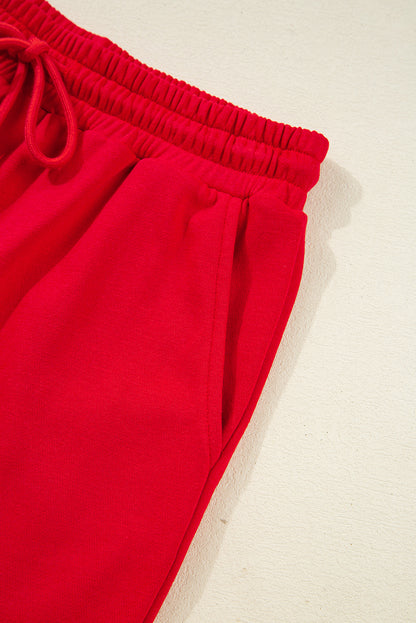 Fiery Red Varsity Striped Sleeve Drop Shoulder Sweatshirt and Short Set