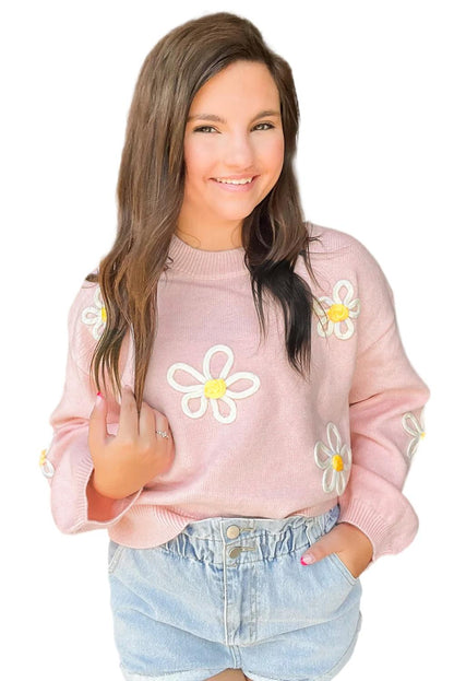 Pink Chenille Daisy Stitching Crew Neck Sweater - L & M Kee, LLC