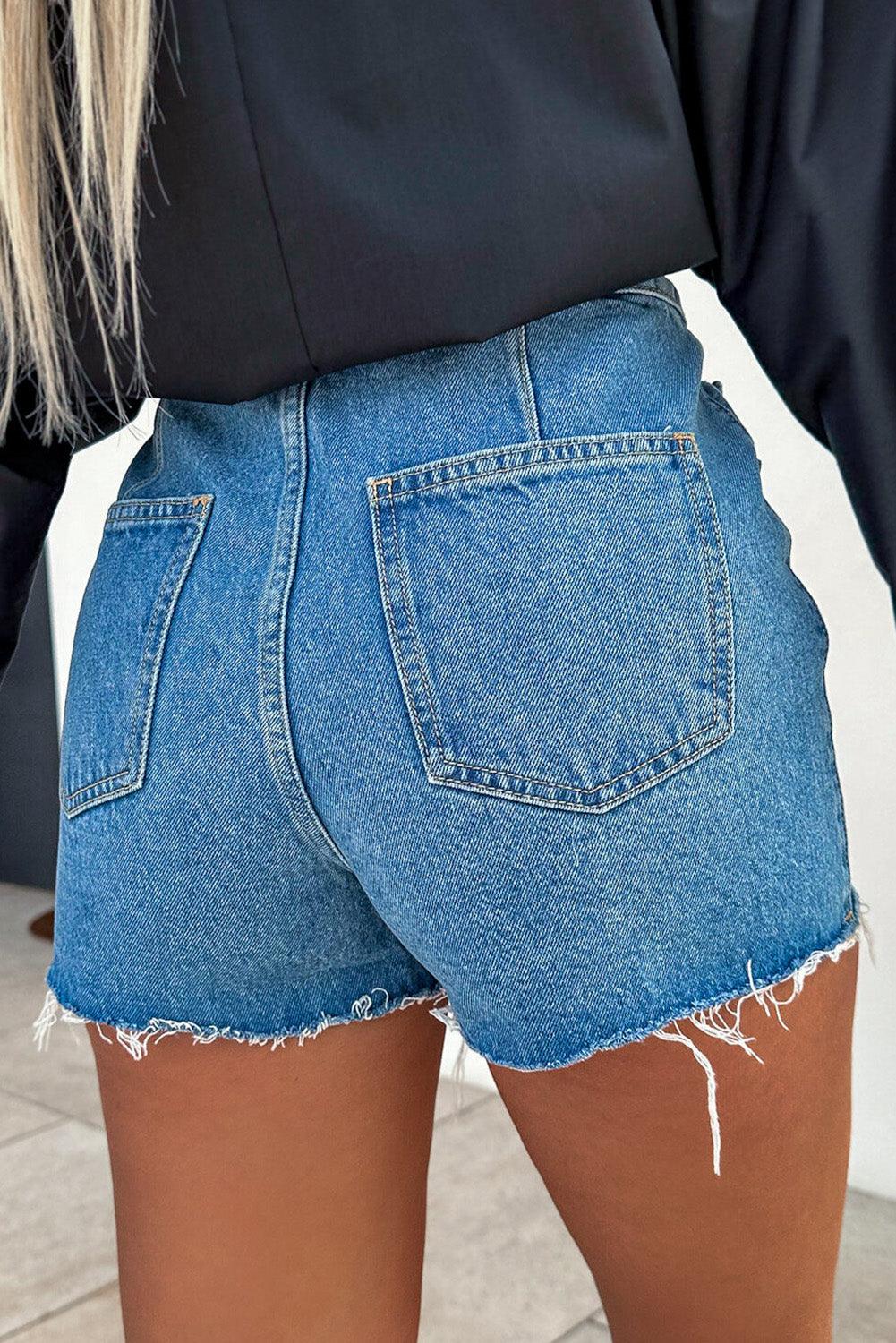 Sky Blue Button Wrap Over Raw Hem Denim Shorts - L & M Kee, LLC