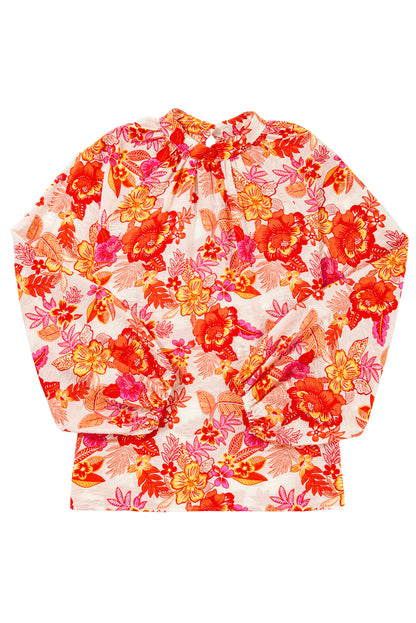 Orange Floral Print Pearl Button Keyhole Long Puff Sleeve Blouse