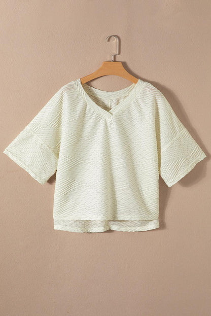 Beige V Neck Textured Split Hem Oversized Top - L & M Kee, LLC