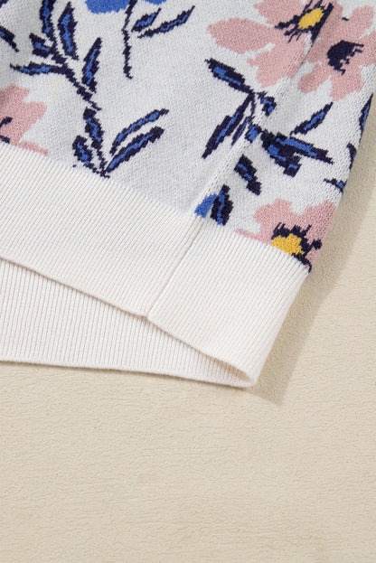 Khaki Floral Panel Colorblock Sleeve Patchwork Sweater