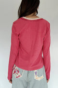 Racing Red Ribbed Texture Contrasted Lace Trim Button V Neck Long Sleeve Top