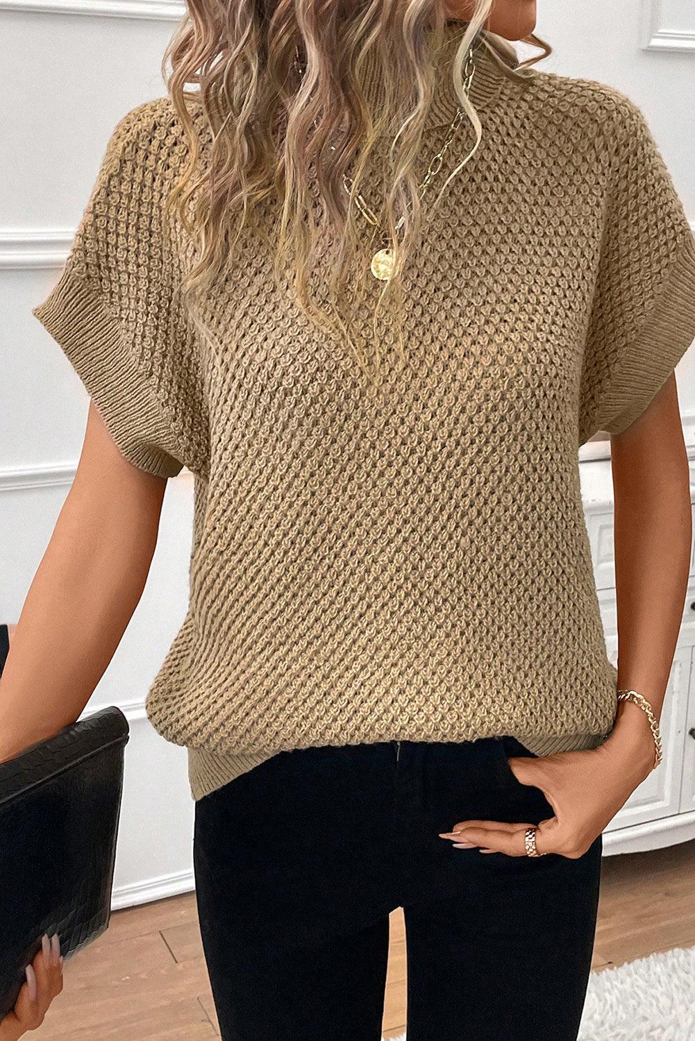 Pale Khaki Turtleneck Textured Short Sleeve Sweater - L & M Kee, LLC