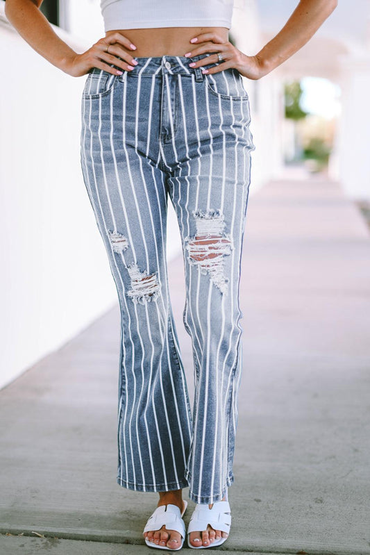 Vertical Striped Ripped Flare Jeans - L & M Kee, LLC