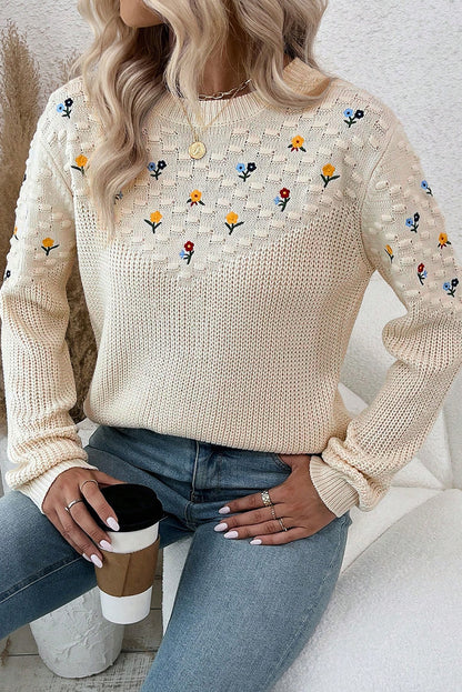 Jet Stream Mixed Texture Knit Flower Embroidered Detail Casual Sweater