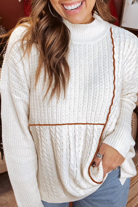 White Mix Texture Patchwork Contrast Stitch Mock Neck Sweater