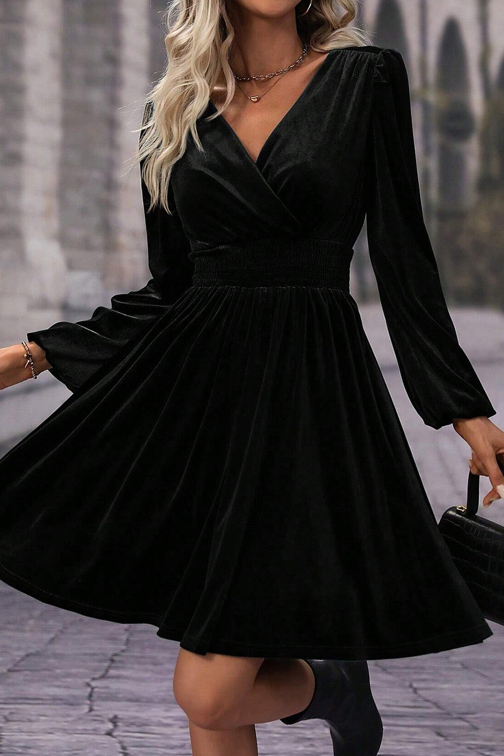 Black Velvet Long Sleeve Surplice High Waist Mini Dress