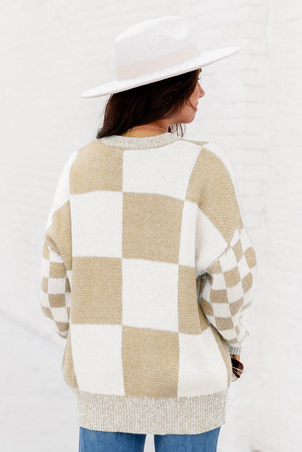 Flaxen Checkered Print Drop Shoulder Sweater - L & M Kee, LLC