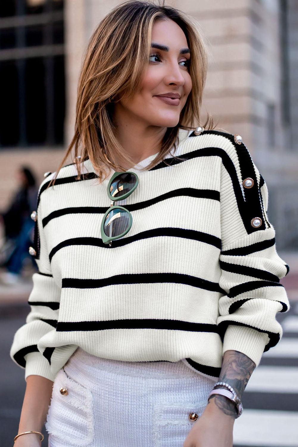 Stripe Buttoned Decor Sweater - L & M Kee, LLC