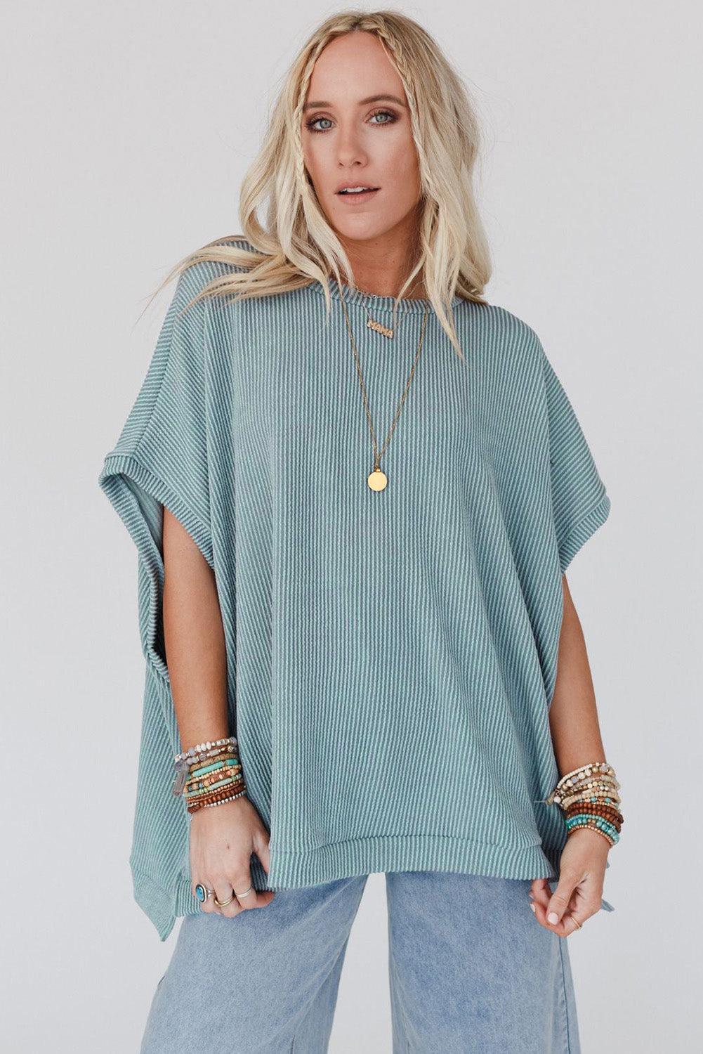 Apricot Ribbed Knit Batwing Sleeve Tunic Oversized T Shirt - L & M Kee, LLC