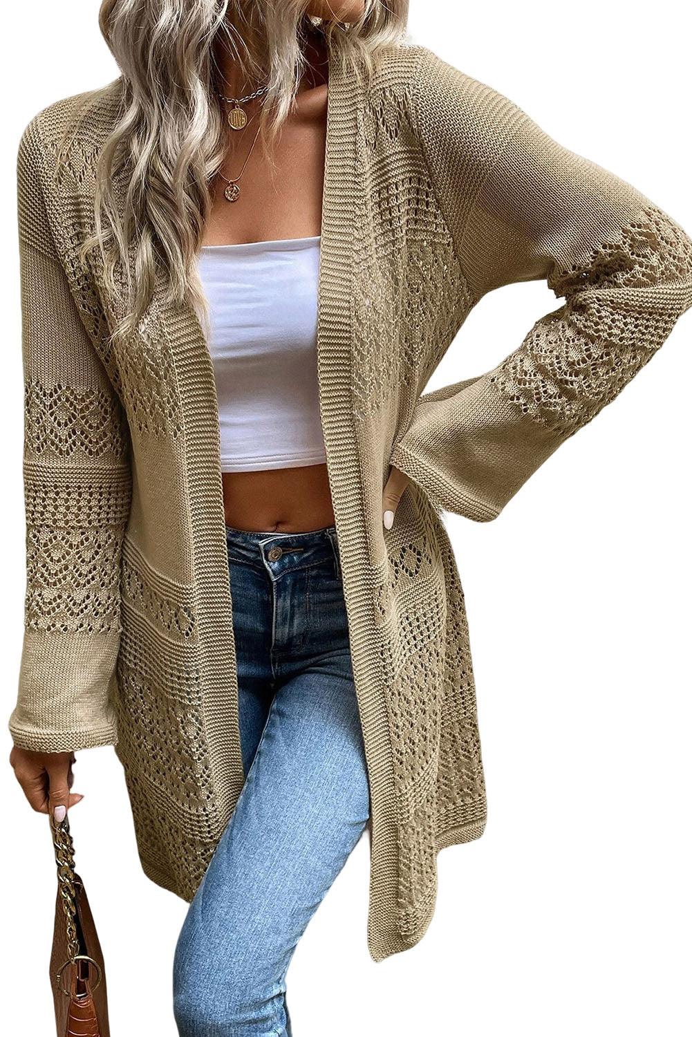 Khaki Pointelle Knit Open Front Cardigan - L & M Kee, LLC