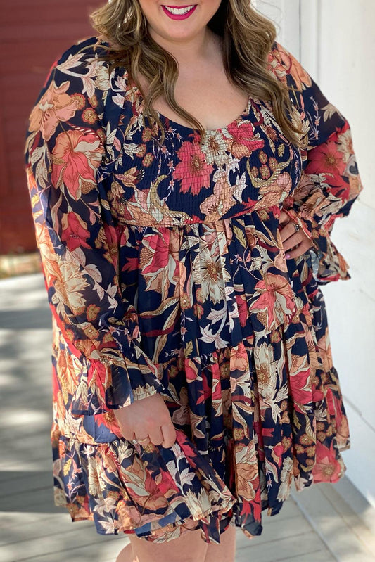 Black Floral Flounce Sleeve Smocked Ruffled Plus Size Dress - L & M Kee, LLC