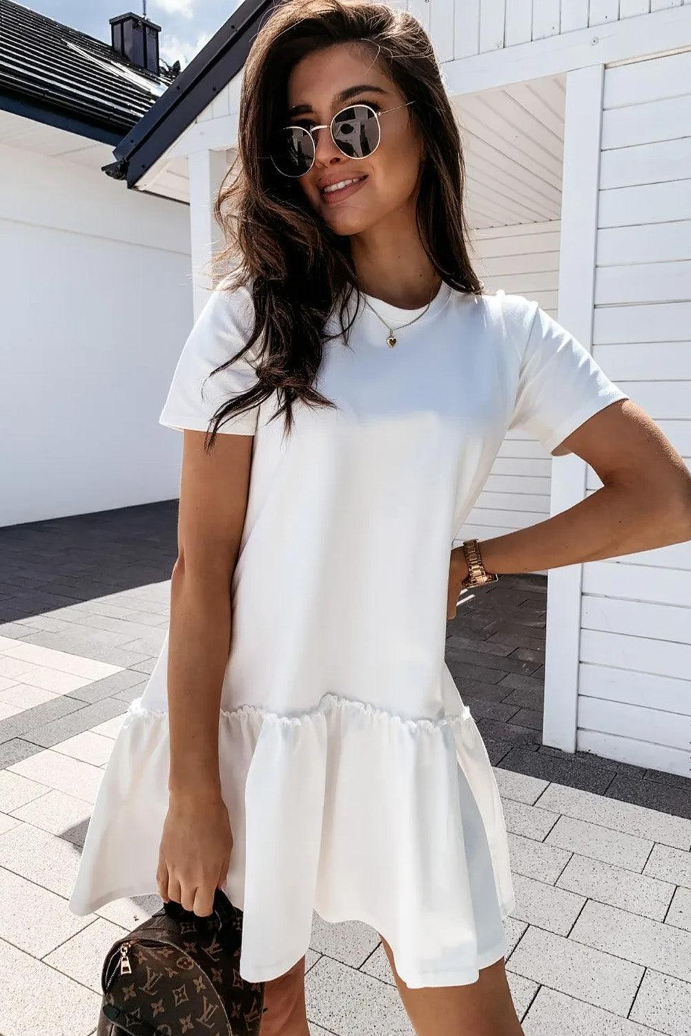 White Frilly Splicing Hem Short Sleeve Casual Dress - L & M Kee, LLC