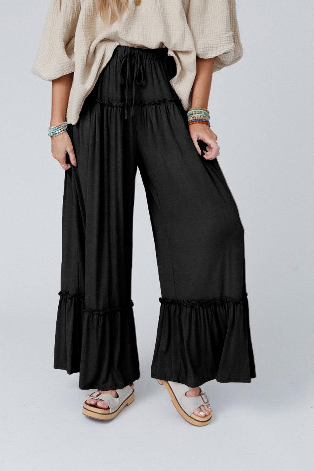 Black Frilled Drawstring High Waist Wide Leg Pants - L & M Kee, LLC