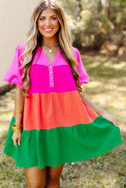 Multicolor Color Block Tiered Puff Sleeve Dress - L & M Kee, LLC